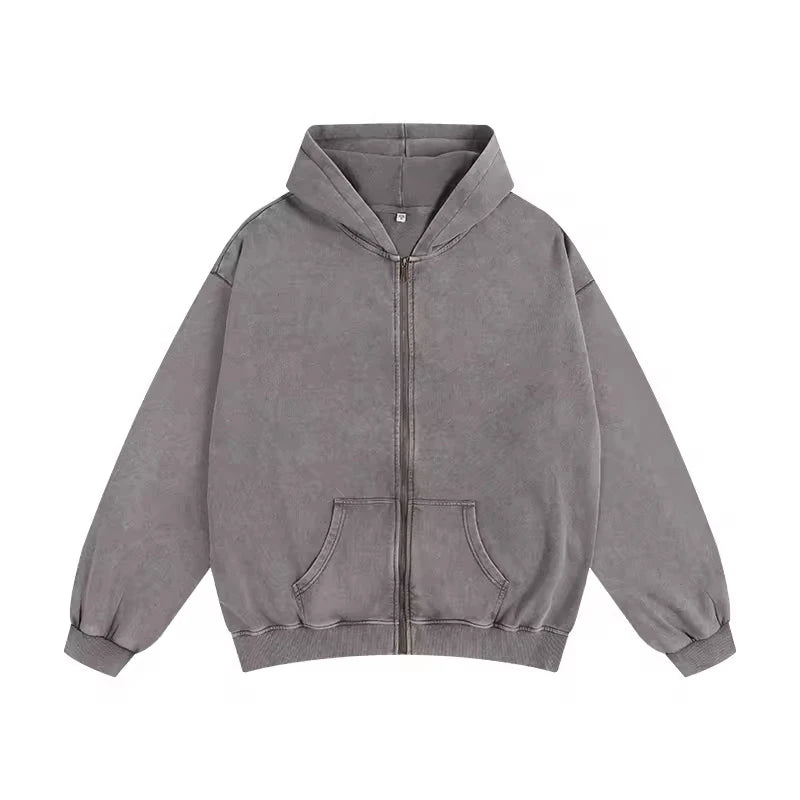 Men Zip up Vintage Washed Hoodie Heavy Weight French Terry Blank Oversized Custom Hoodie Sweatshirt Streetwear Unisex