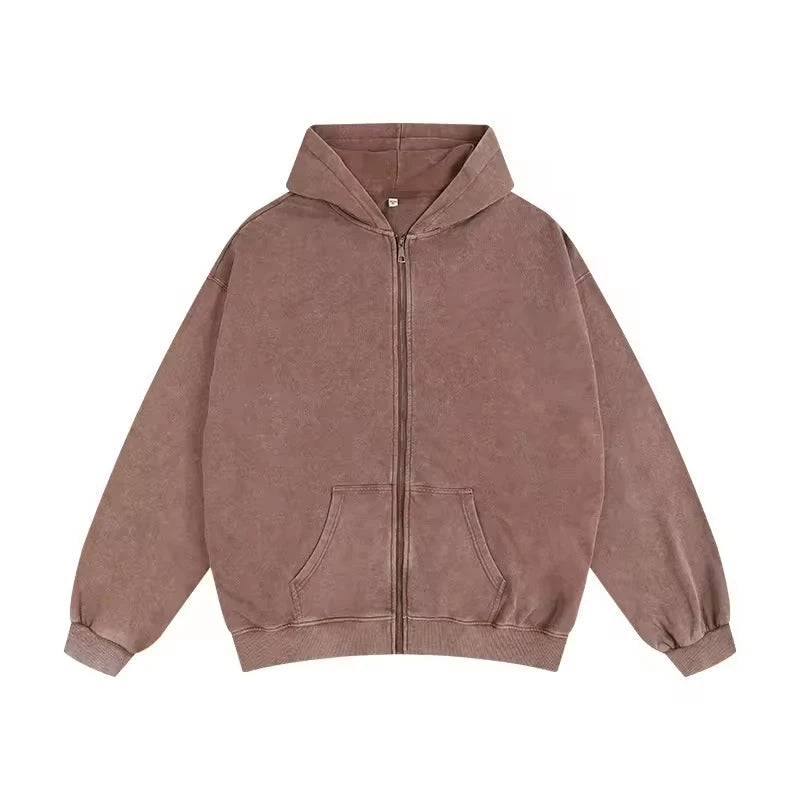 Men Zip up Vintage Washed Hoodie Heavy Weight French Terry Blank Oversized Custom Hoodie Sweatshirt Streetwear Unisex