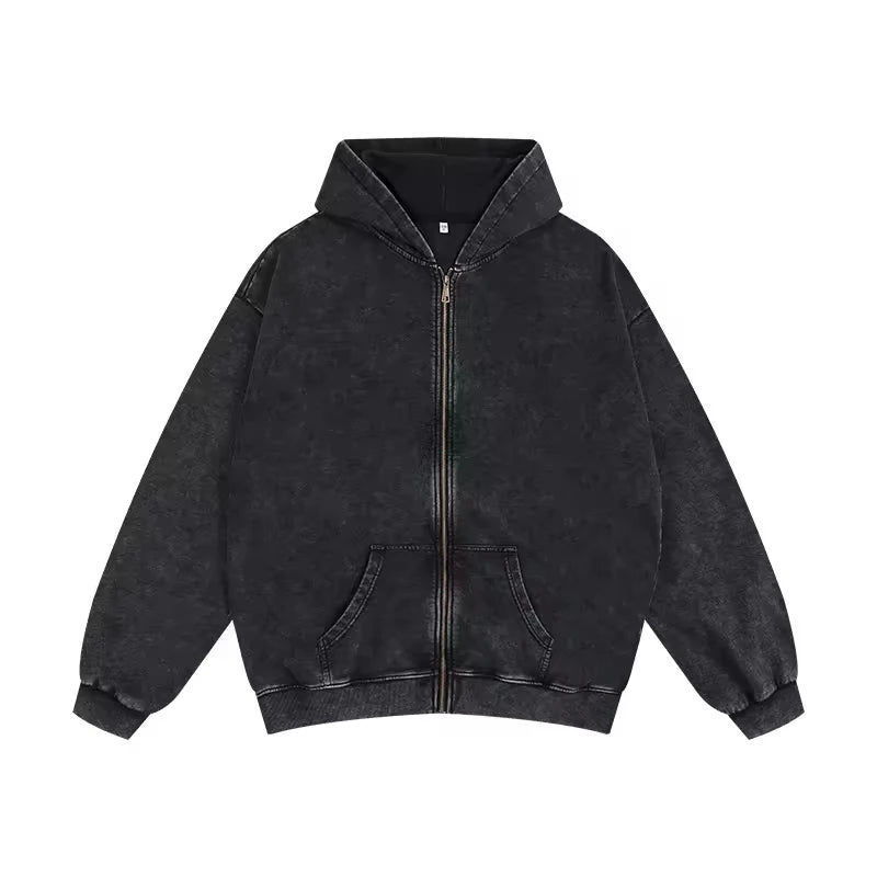 Men Zip up Vintage Washed Hoodie Heavy Weight French Terry Blank Oversized Custom Hoodie Sweatshirt Streetwear Unisex