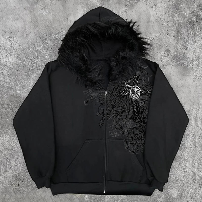 European and American style men's and women's plush edge decorative jacket with cross wing pattern printed Easter high street