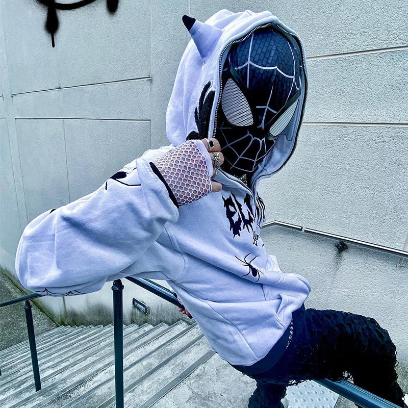 Gothic Punk Y2k Street Zip Up Hoodie Spider Print Men Sweatshirt Hip Hop Harajuku Loose Oversize Long Sleeve Fashion Hooded Coat