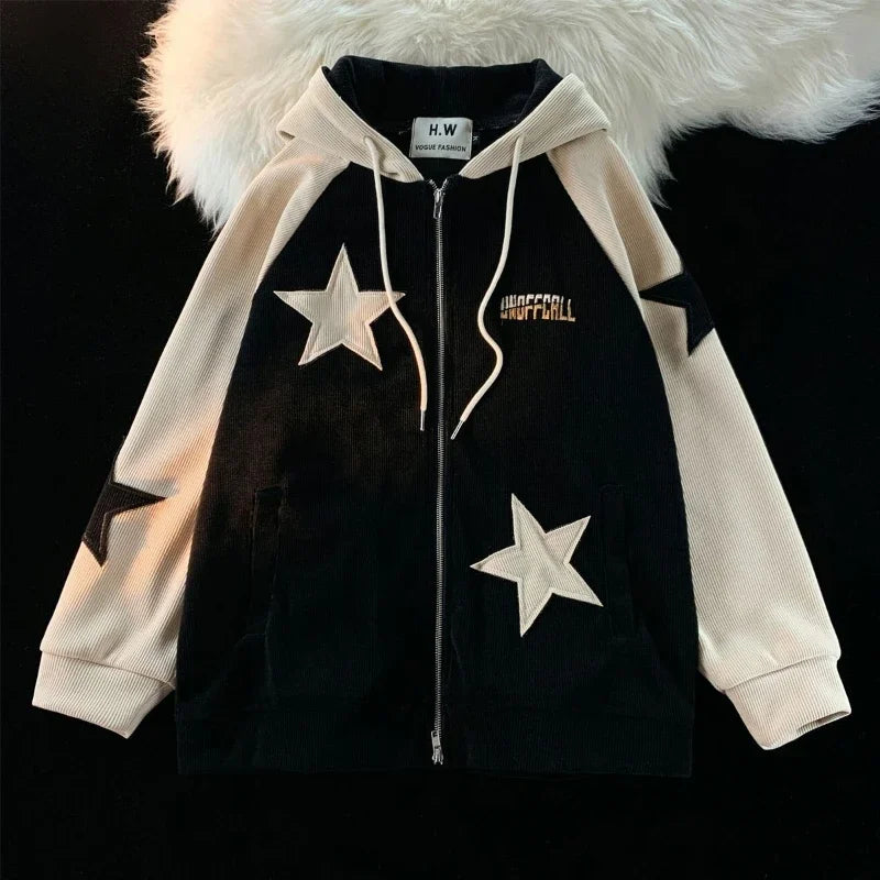 Deeptown Y2K Vintage Zip Up Hoodies Women Star Print Harajuku Gothic Sweatshirts Hip Hop Streetwear Patchwork Oversize Coats