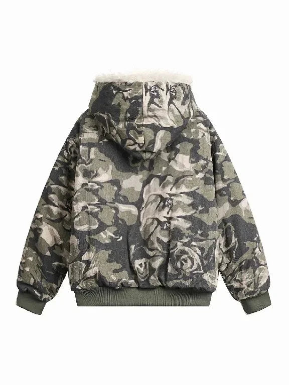 Autumn Winter Retro Y2K Army Green Rose Camouflage Plus Velvet Hoodie Women Floral Camouflage Zipper Jacket Faux Fur Trim Street