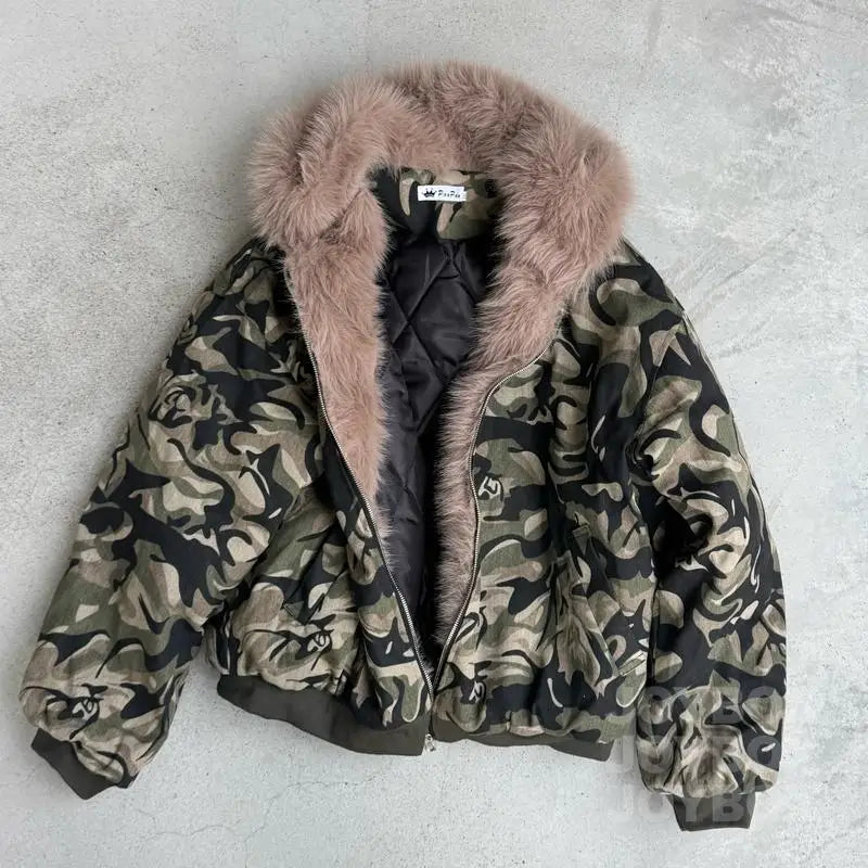 Autumn Winter Retro Y2K Army Green Rose Camouflage Plus Velvet Hoodie Women Floral Camouflage Zipper Jacket Faux Fur Trim Street