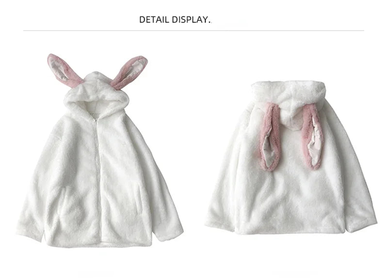 Autumn Winter Women Rabbit Ears Hooded Jacket Sweet Cute Plush Bunny Thick Warm Sweatshirts Girly Harajuku Loose Hoodies Coats