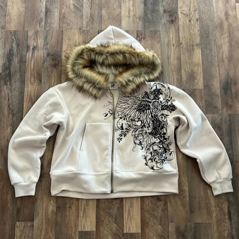 European and American style men's and women's plush edge decorative jacket with cross wing pattern printed Easter high street