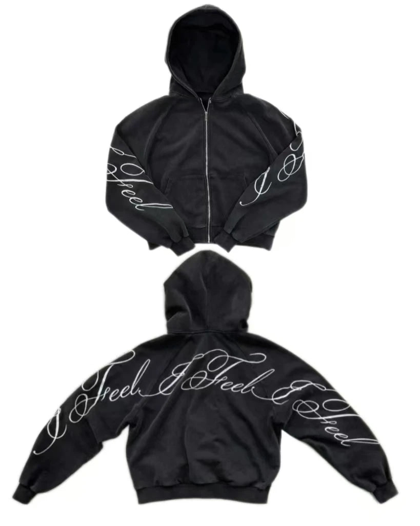 Y2K harajuku Gothic Letter Print Retro Fashion Men And Women Hoodie Hip-Hop Punk Style Black Oversized Zipper Sweatshirts