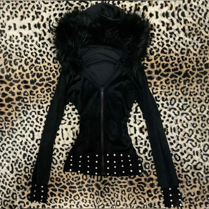 Y2K Rock Punk Women's Leopard Print Hoodie Unisex Chic Loose Zip Cardigan Sweatshirt Gothic Harajuku Retro Aesthetic Streetwear