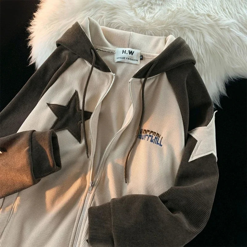 Deeptown Y2K Vintage Zip Up Hoodies Women Star Print Harajuku Gothic Sweatshirts Hip Hop Streetwear Patchwork Oversize Coats