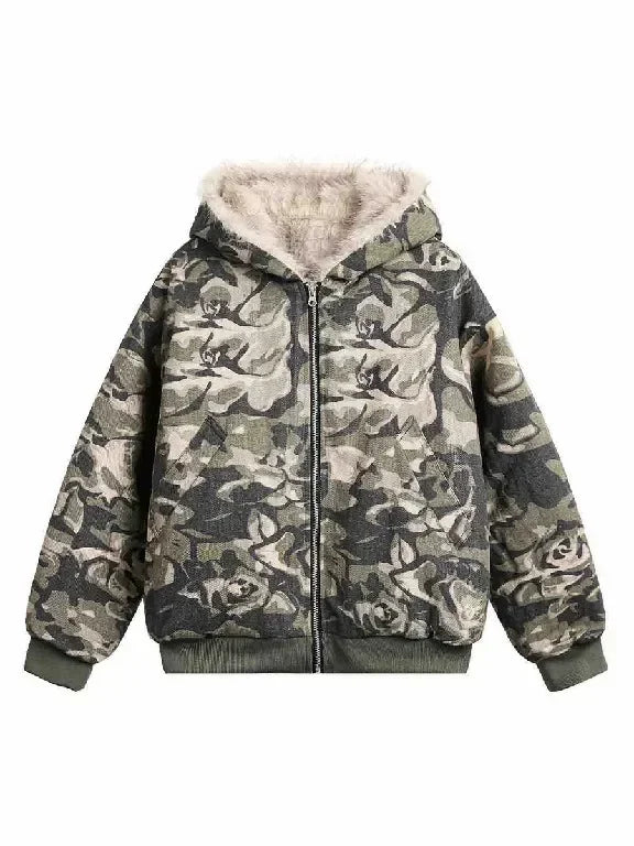 Autumn Winter Retro Y2K Army Green Rose Camouflage Plus Velvet Hoodie Women Floral Camouflage Zipper Jacket Faux Fur Trim Street