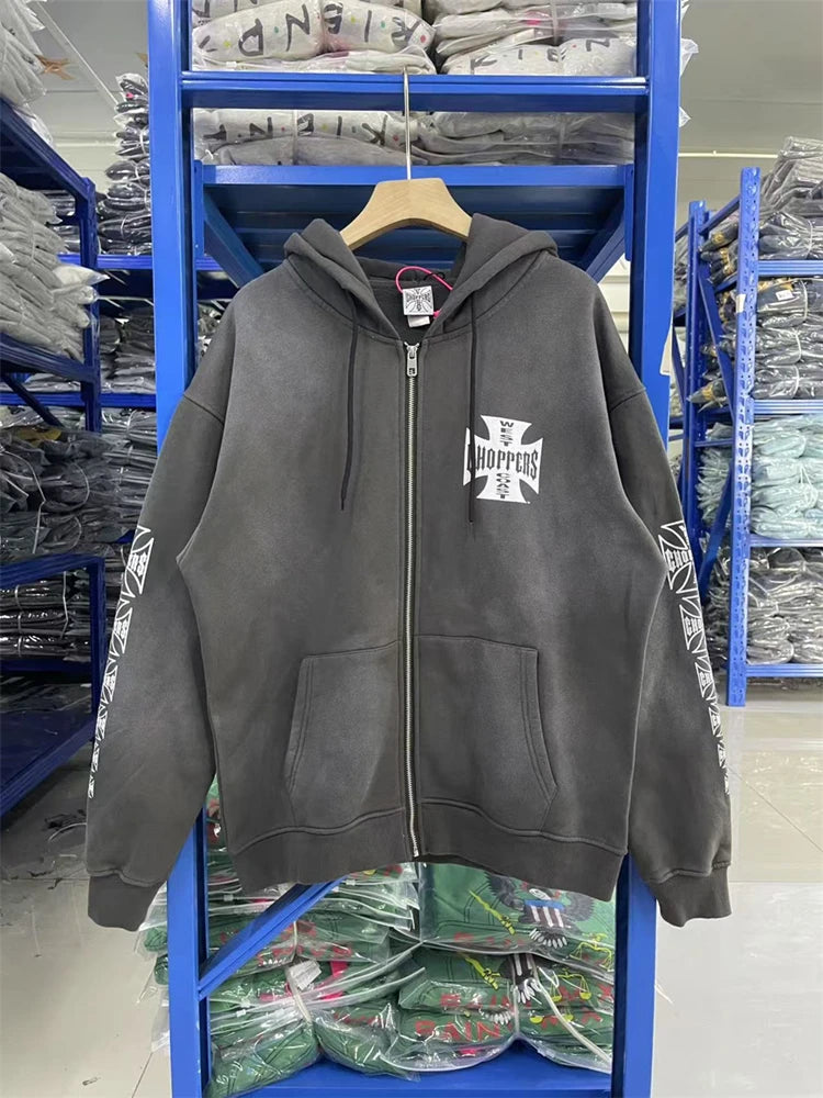 Washed Cardigan Crack Cross Printing West Coast Choppers Pullover Men Women Hooded Hoodie