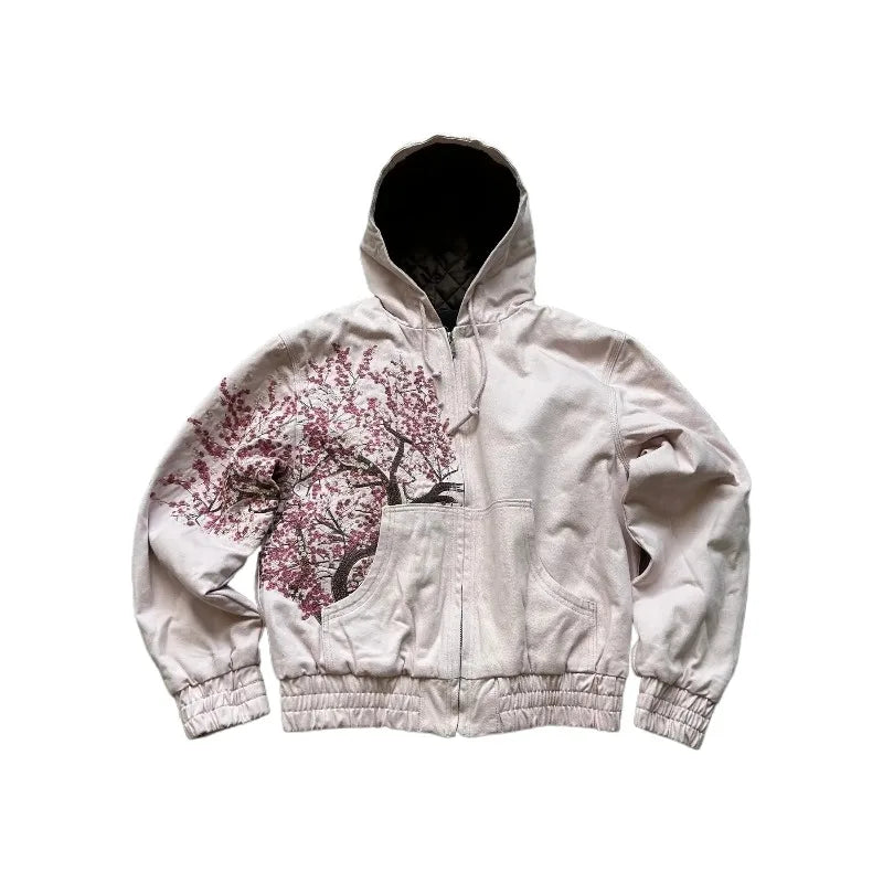 Y2K New Harajuku Plum Tree Embroidered Oversized Pink Zipper Hoodies For Men and Women Gothic Fashion Retro Street Sweatshirts