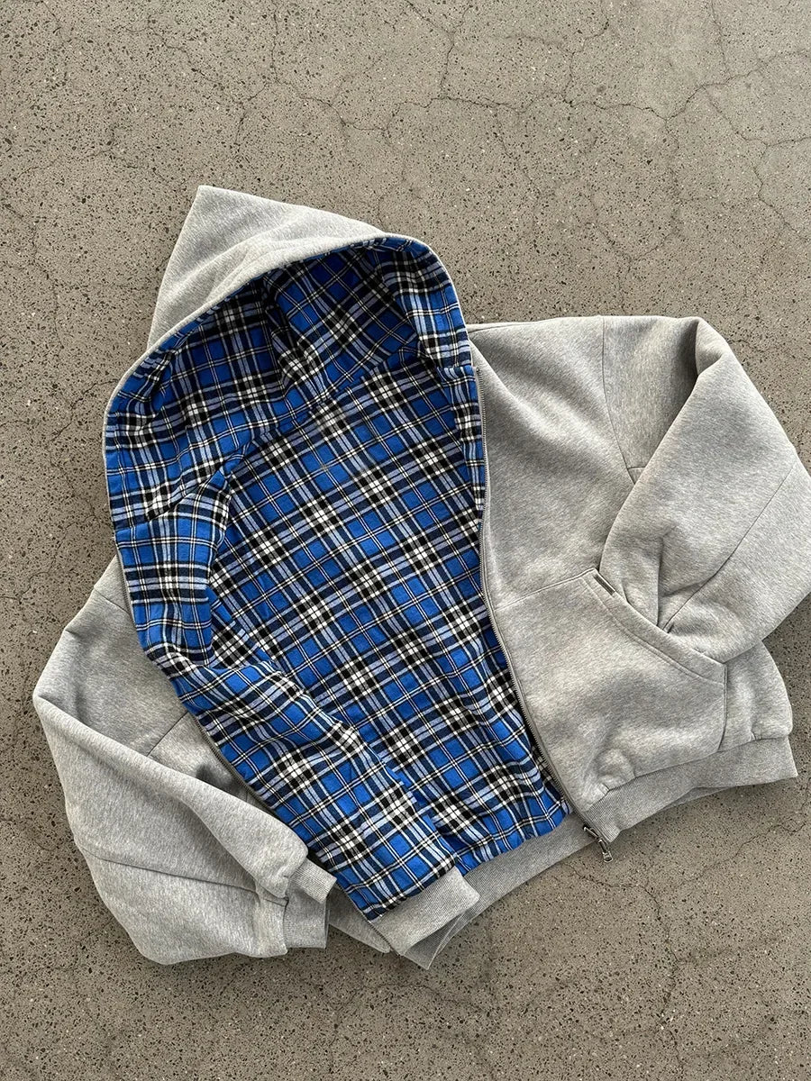 Grey Casual Spring Oversized Reversible Hoodies Women Men Streetwear Clothes Hoodie With Plaid Lining Sweatshirt Streetwear Tops