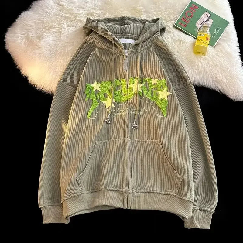 Thickened Fleece Hooded Cardigan Sweatshirt Retro Letter Embroidery Loose Fit Couple Outerwear Winter Warm Casual Streetwear