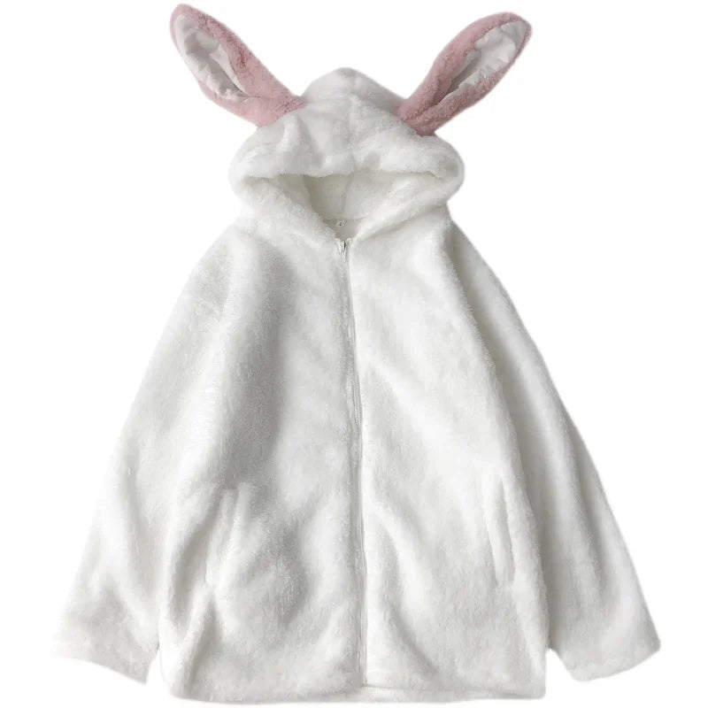 Autumn Winter Women Rabbit Ears Hooded Jacket Sweet Cute Plush Bunny Thick Warm Sweatshirts Girly Harajuku Loose Hoodies Coats