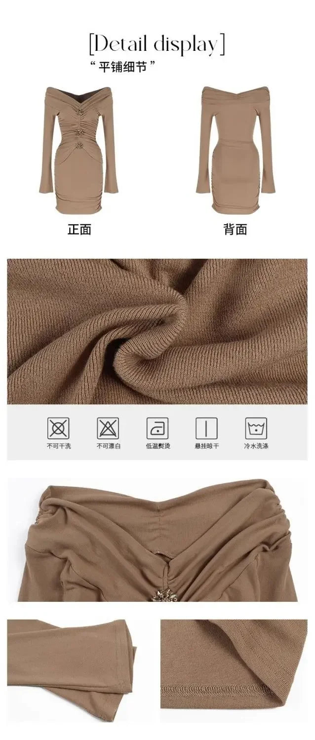 Chic and Atmospheric One-shoulder Pleated Long-sleeved Hip-covering Dress with Pure Lusty Style for a Date