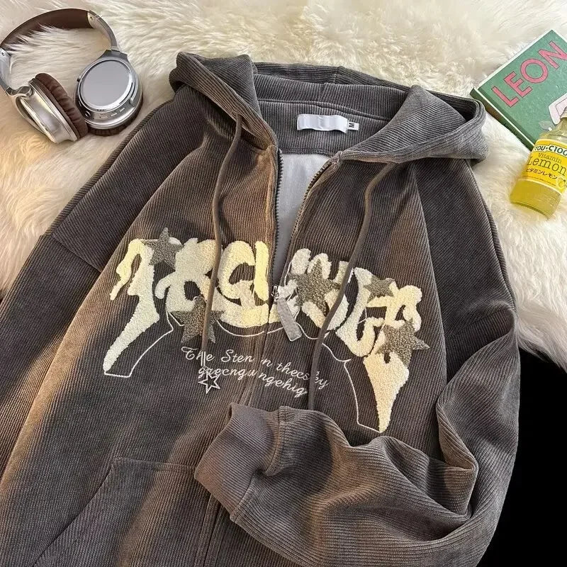 Thickened Fleece Hooded Cardigan Sweatshirt Retro Letter Embroidery Loose Fit Couple Outerwear Winter Warm Casual Streetwear