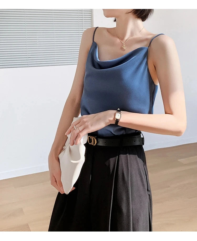 AOSSVIAO Satin Silk Tank Tops Female 2025 Summer Sexy Strap Basic Spaghetti Strap Tops Women Sleeveless Camisole Camis Vest