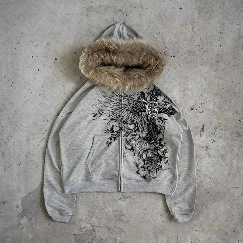 European and American style men's and women's plush edge decorative jacket with cross wing pattern printed Easter high street