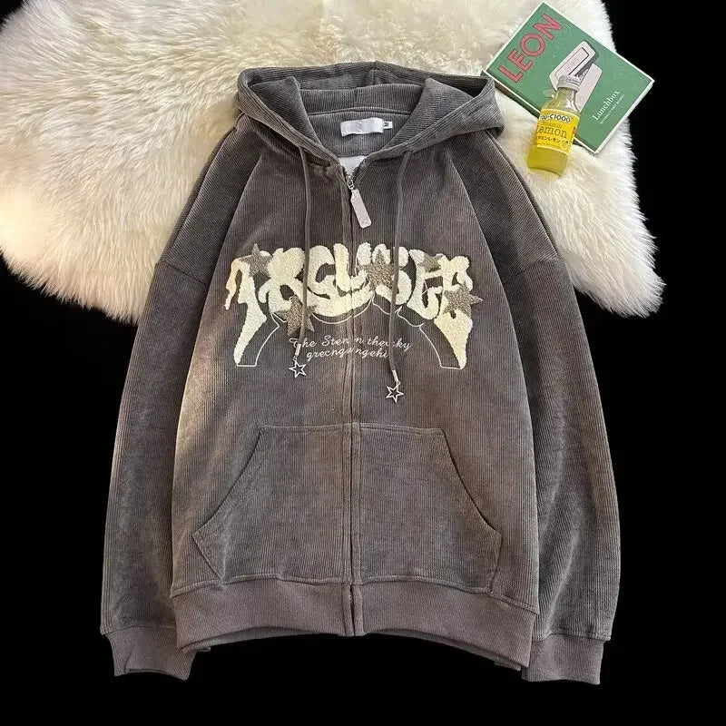 Thickened Fleece Hooded Cardigan Sweatshirt Retro Letter Embroidery Loose Fit Couple Outerwear Winter Warm Casual Streetwear