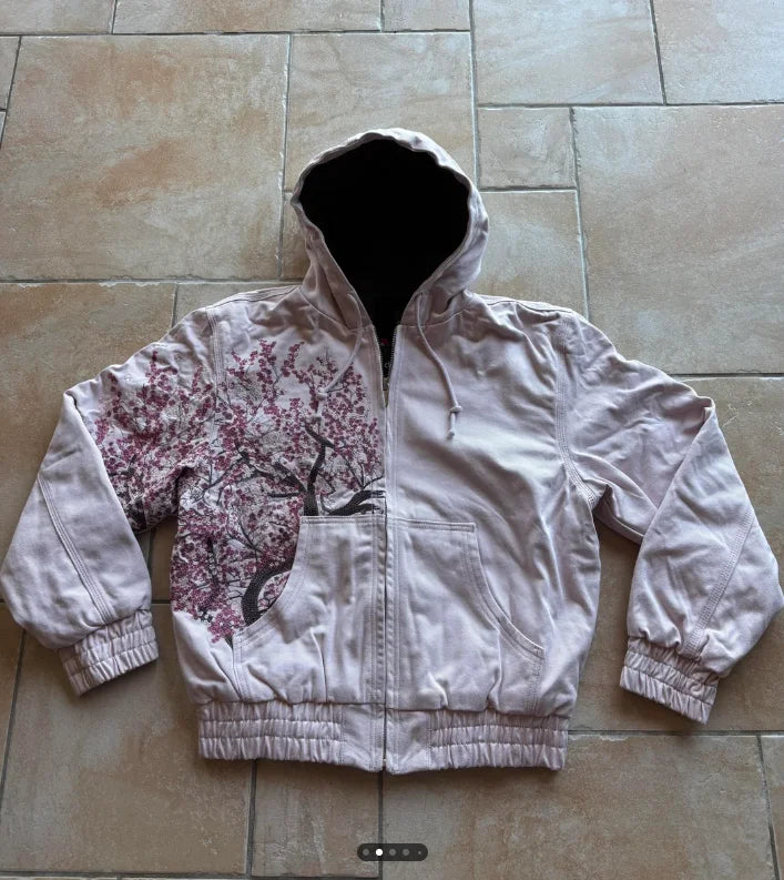Y2K New Harajuku Plum Tree Embroidered Oversized Pink Zipper Hoodies For Men and Women Gothic Fashion Retro Street Sweatshirts