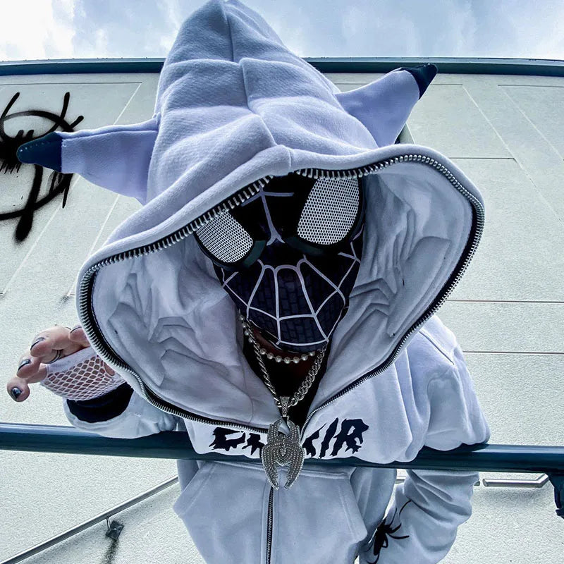 Gothic Punk Y2k Street Zip Up Hoodie Spider Print Men Sweatshirt Hip Hop Harajuku Loose Oversize Long Sleeve Fashion Hooded Coat