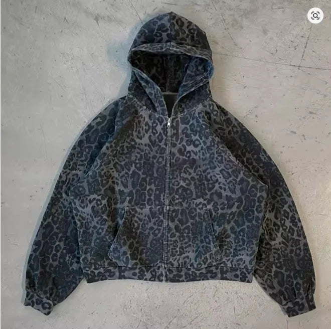 2025 Autumn/Winter European and American Warm Harajuku New Leopard Pattern Dark Design Fashion Zipper Hoodie