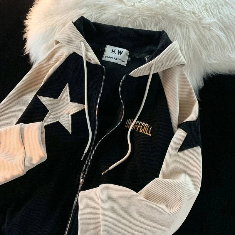 Deeptown Y2K Vintage Zip Up Hoodies Women Star Print Harajuku Gothic Sweatshirts Hip Hop Streetwear Patchwork Oversize Coats