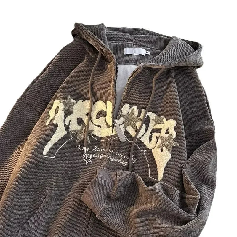 Thickened Fleece Hooded Cardigan Sweatshirt Retro Letter Embroidery Loose Fit Couple Outerwear Winter Warm Casual Streetwear