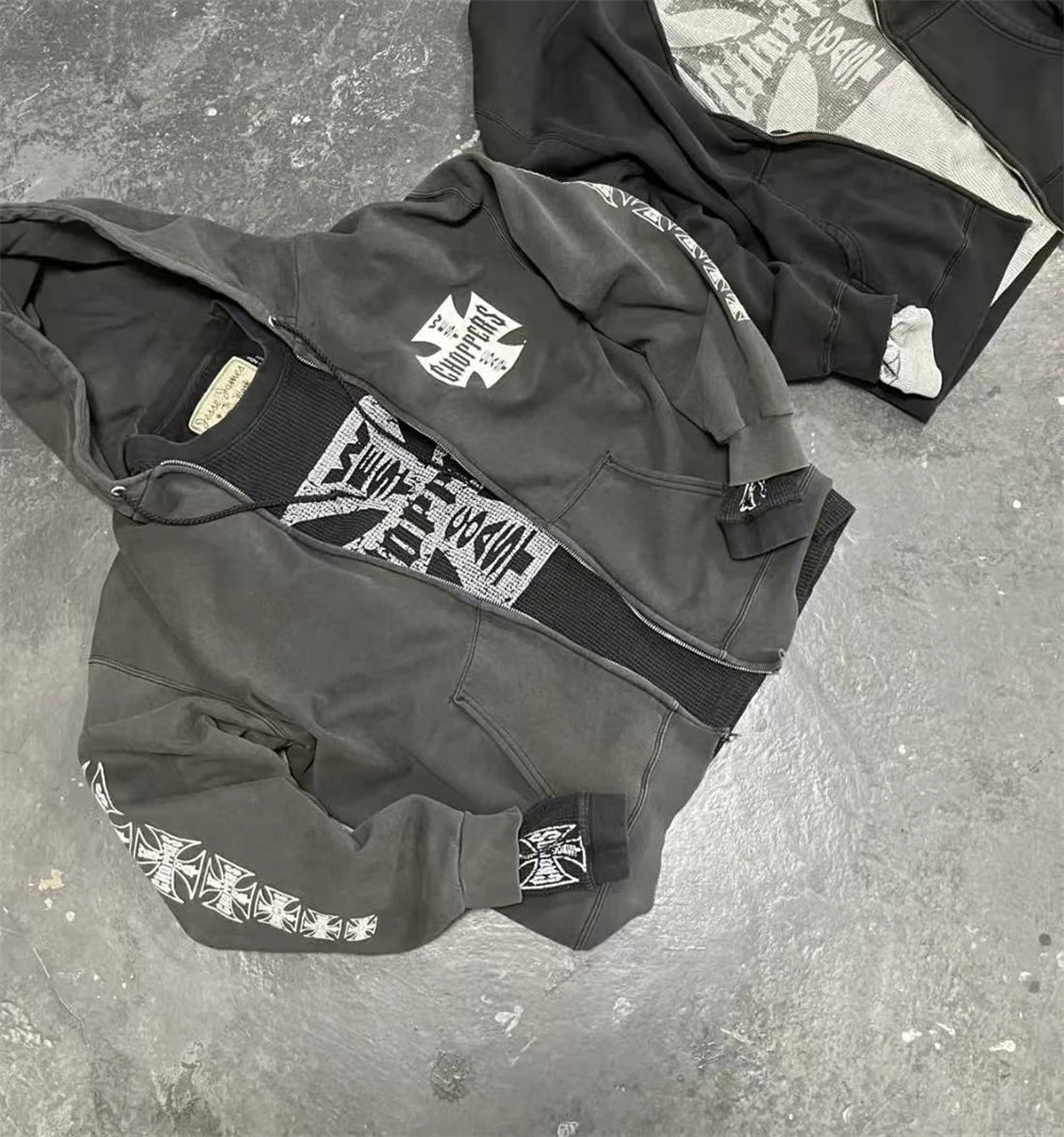 Washed Cardigan Crack Cross Printing West Coast Choppers Pullover Men Women Hooded Hoodie
