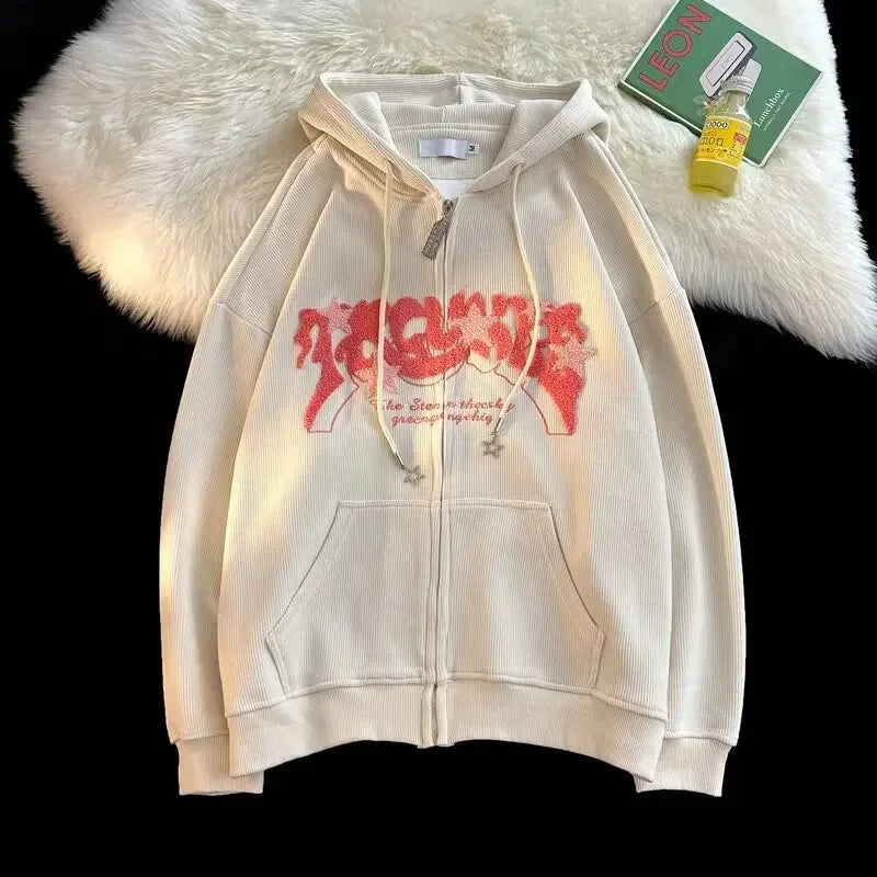 Thickened Fleece Hooded Cardigan Sweatshirt Retro Letter Embroidery Loose Fit Couple Outerwear Winter Warm Casual Streetwear