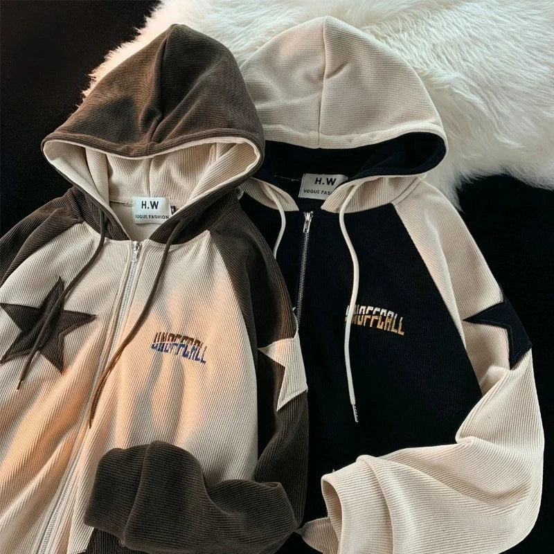 Deeptown Y2K Vintage Zip Up Hoodies Women Star Print Harajuku Gothic Sweatshirts Hip Hop Streetwear Patchwork Oversize Coats