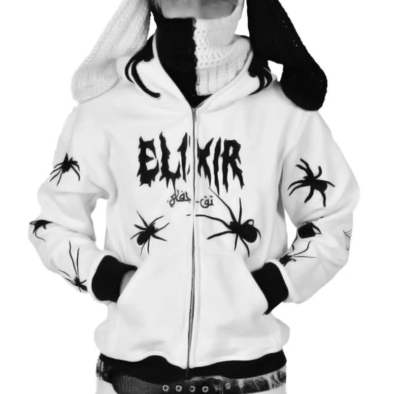 Gothic Punk Y2k Street Zip Up Hoodie Spider Print Men Sweatshirt Hip Hop Harajuku Loose Oversize Long Sleeve Fashion Hooded Coat