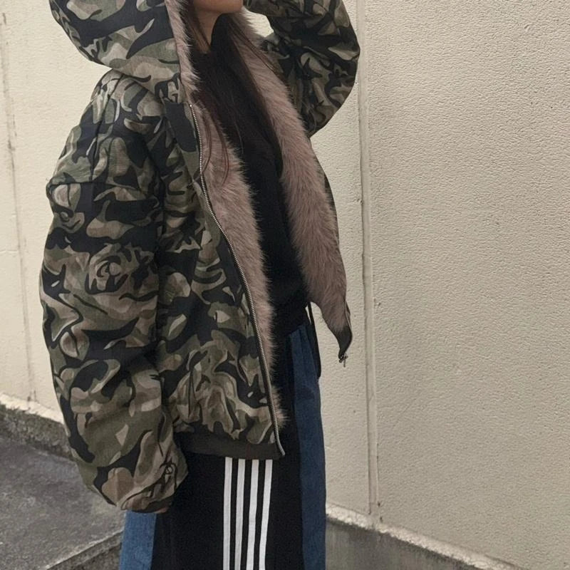 Autumn Winter Retro Y2K Army Green Rose Camouflage Plus Velvet Hoodie Women Floral Camouflage Zipper Jacket Faux Fur Trim Street