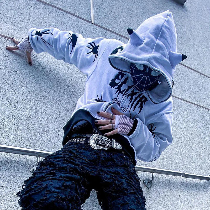 Gothic Punk Y2k Street Zip Up Hoodie Spider Print Men Sweatshirt Hip Hop Harajuku Loose Oversize Long Sleeve Fashion Hooded Coat