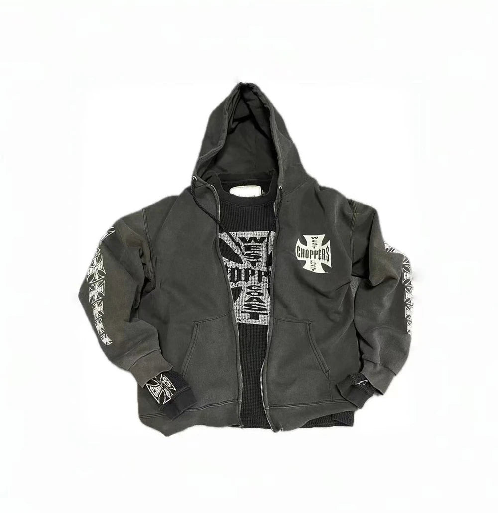 Washed Cardigan Crack Cross Printing West Coast Choppers Pullover Men Women Hooded Hoodie