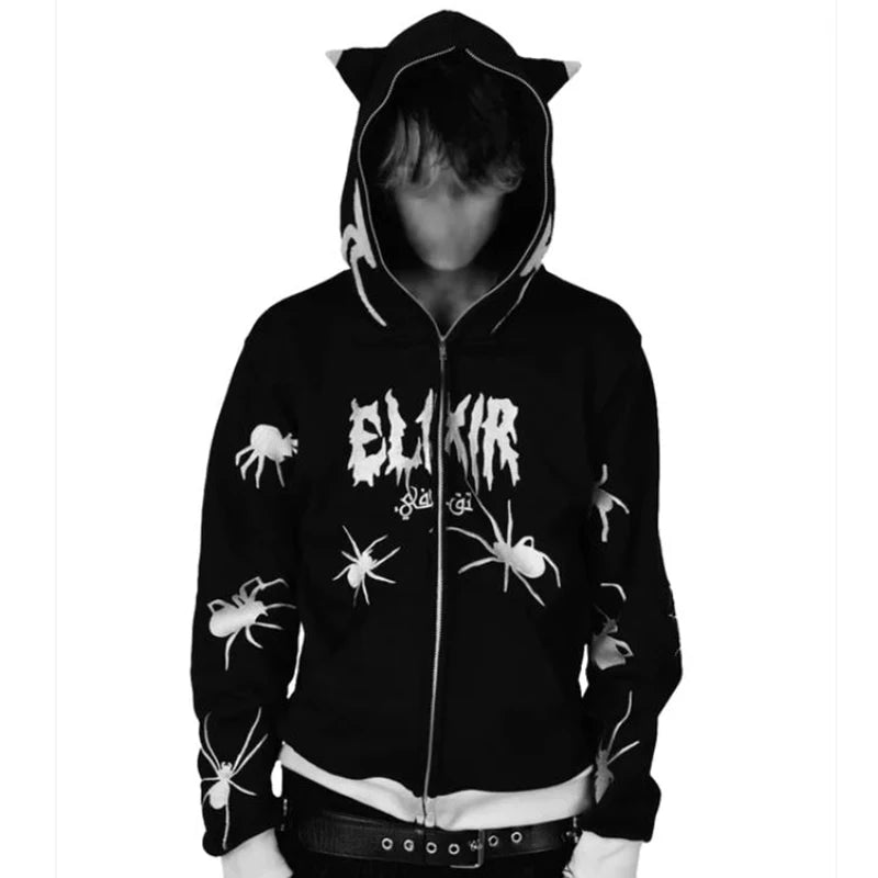 Gothic Punk Y2k Street Zip Up Hoodie Spider Print Men Sweatshirt Hip Hop Harajuku Loose Oversize Long Sleeve Fashion Hooded Coat