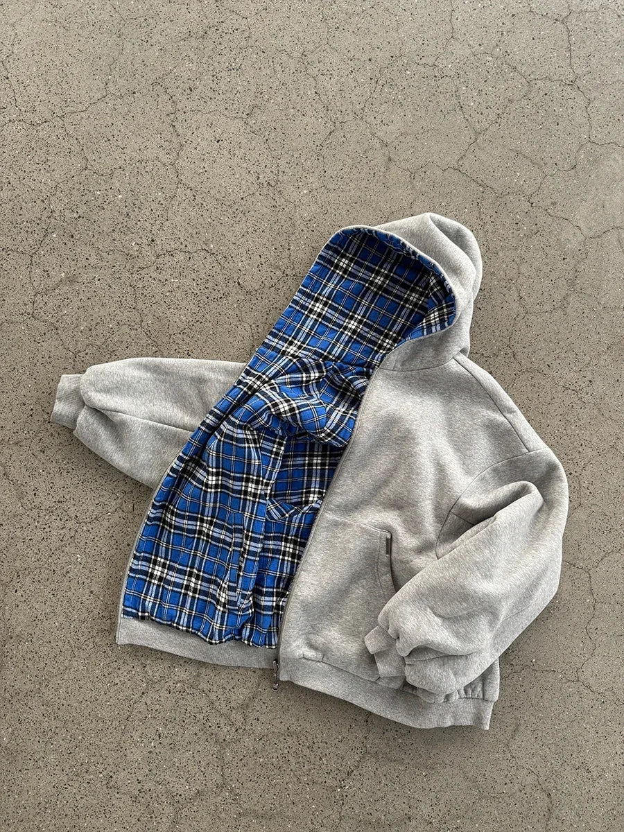 Grey Casual Spring Oversized Reversible Hoodies Women Men Streetwear Clothes Hoodie With Plaid Lining Sweatshirt Streetwear Tops
