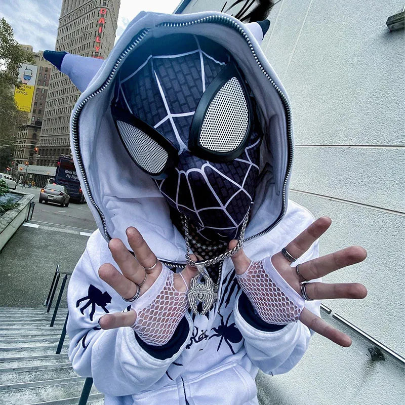 Gothic Punk Y2k Street Zip Up Hoodie Spider Print Men Sweatshirt Hip Hop Harajuku Loose Oversize Long Sleeve Fashion Hooded Coat