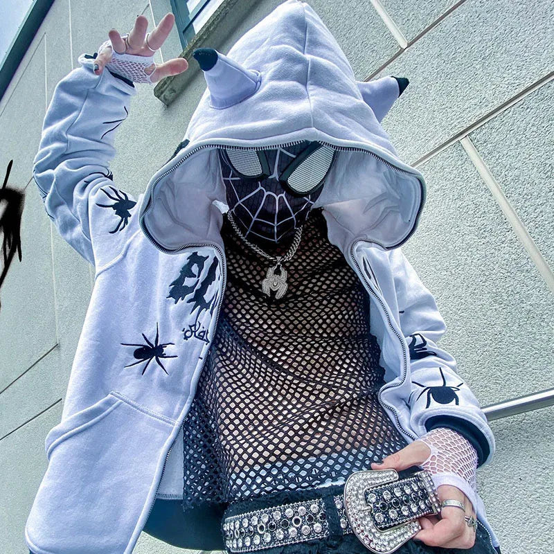 Gothic Punk Y2k Street Zip Up Hoodie Spider Print Men Sweatshirt Hip Hop Harajuku Loose Oversize Long Sleeve Fashion Hooded Coat