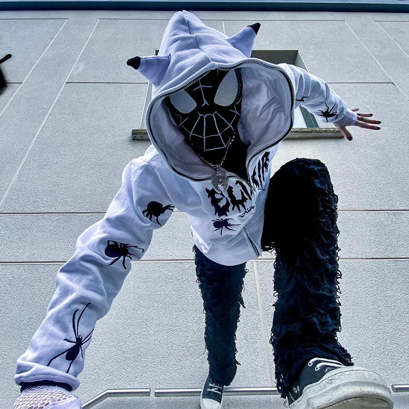 Gothic Punk Y2k Street Zip Up Hoodie Spider Print Men Sweatshirt Hip Hop Harajuku Loose Oversize Long Sleeve Fashion Hooded Coat