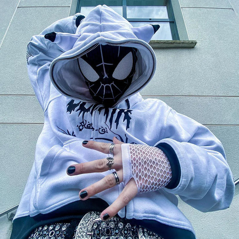 Gothic Punk Y2k Street Zip Up Hoodie Spider Print Men Sweatshirt Hip Hop Harajuku Loose Oversize Long Sleeve Fashion Hooded Coat