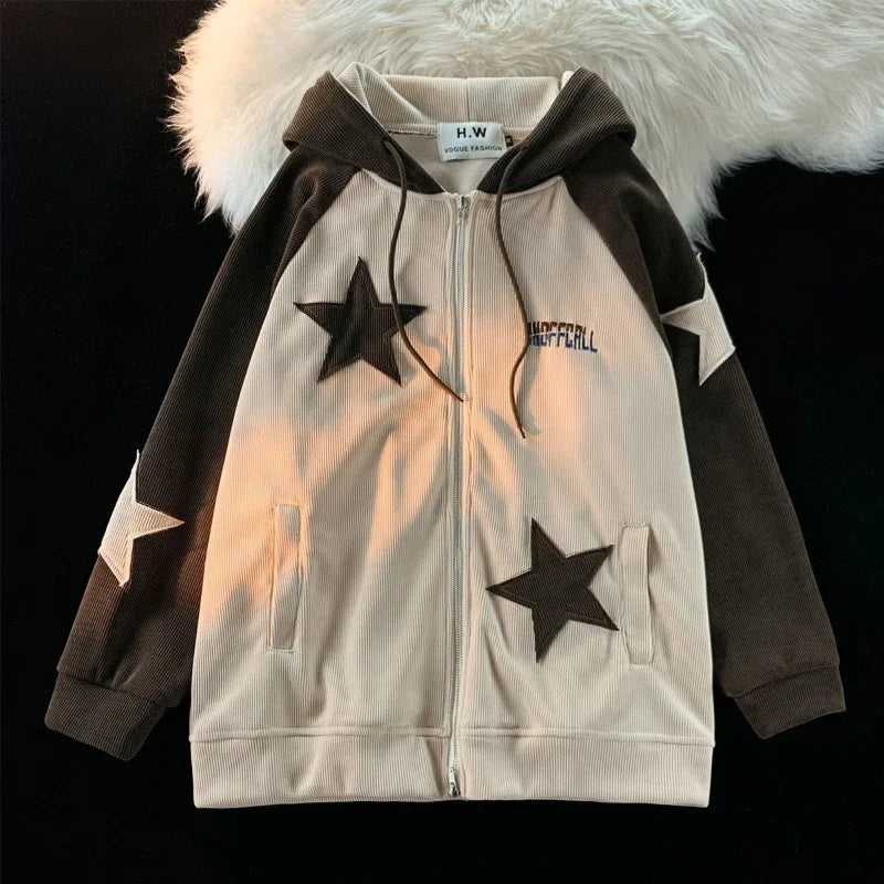 Deeptown Y2K Vintage Zip Up Hoodies Women Star Print Harajuku Gothic Sweatshirts Hip Hop Streetwear Patchwork Oversize Coats