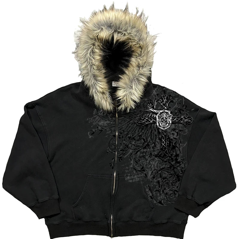European and American style men's and women's plush edge decorative jacket with cross wing pattern printed Easter high street