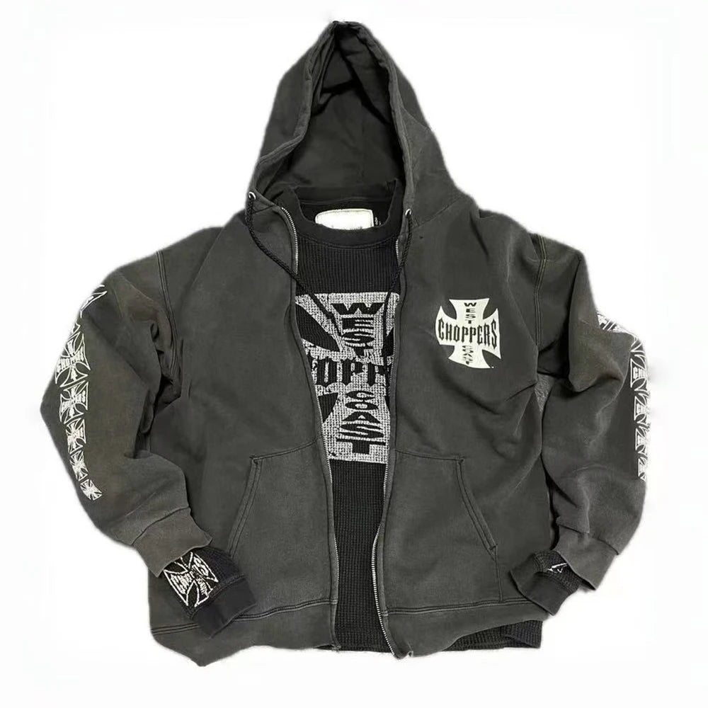 Washed Cardigan Crack Cross Printing West Coast Choppers Pullover Men Women Hooded Hoodie