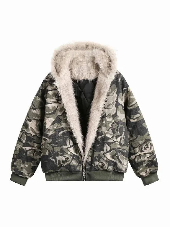 Autumn Winter Retro Y2K Army Green Rose Camouflage Plus Velvet Hoodie Women Floral Camouflage Zipper Jacket Faux Fur Trim Street